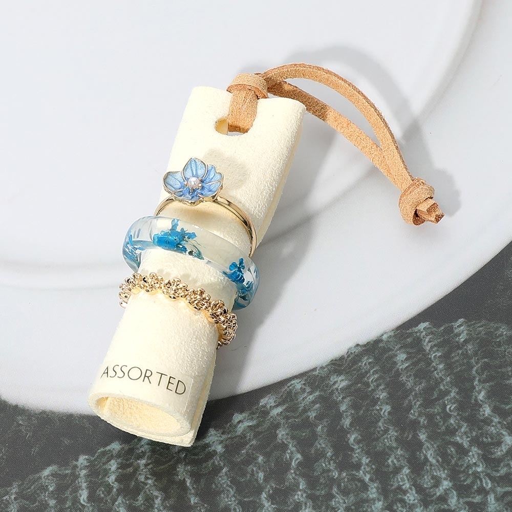 Blue Size 7 Pearl Centered Resin Flower Ring Stack Statement Jewelry Finger Set